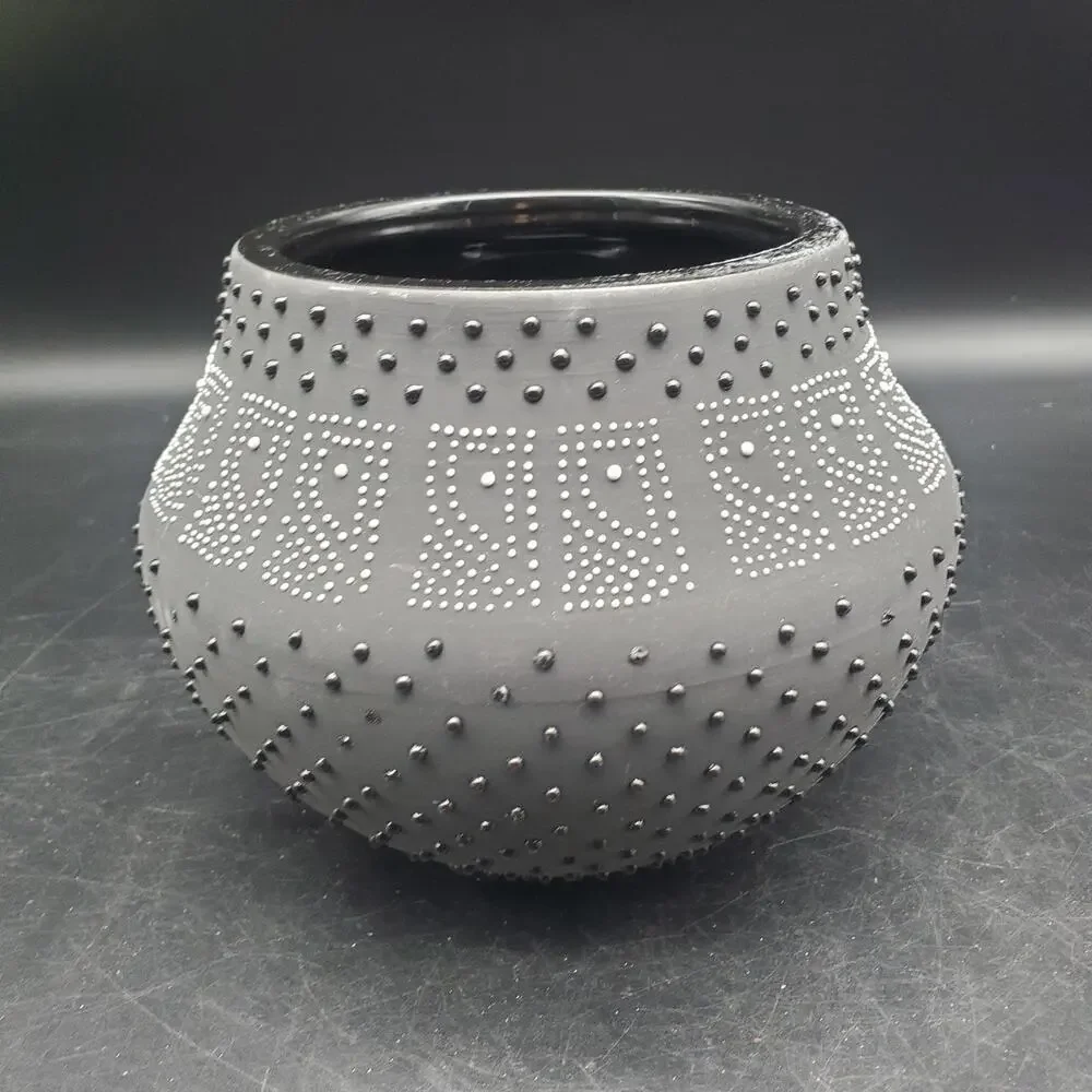 West Elm Hand Painted Gray Black Dot Ceramic Bowl Textured Centerpiece